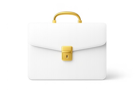 White briefcase with golden lock and handle on transparent background