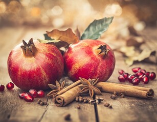 A wooden table holds a still life arrangement of a red pomegranate and cinnamon