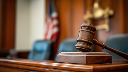 Judge's gavel resting on a wooden bench in a courtroom during a legal proceeding