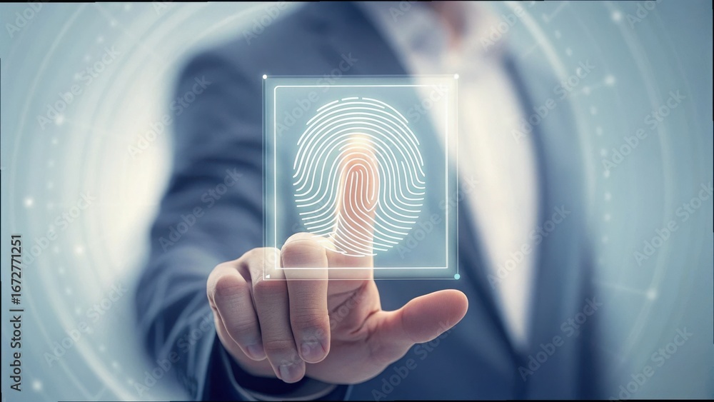 Poster man pressing fingerprint on digital access security screen