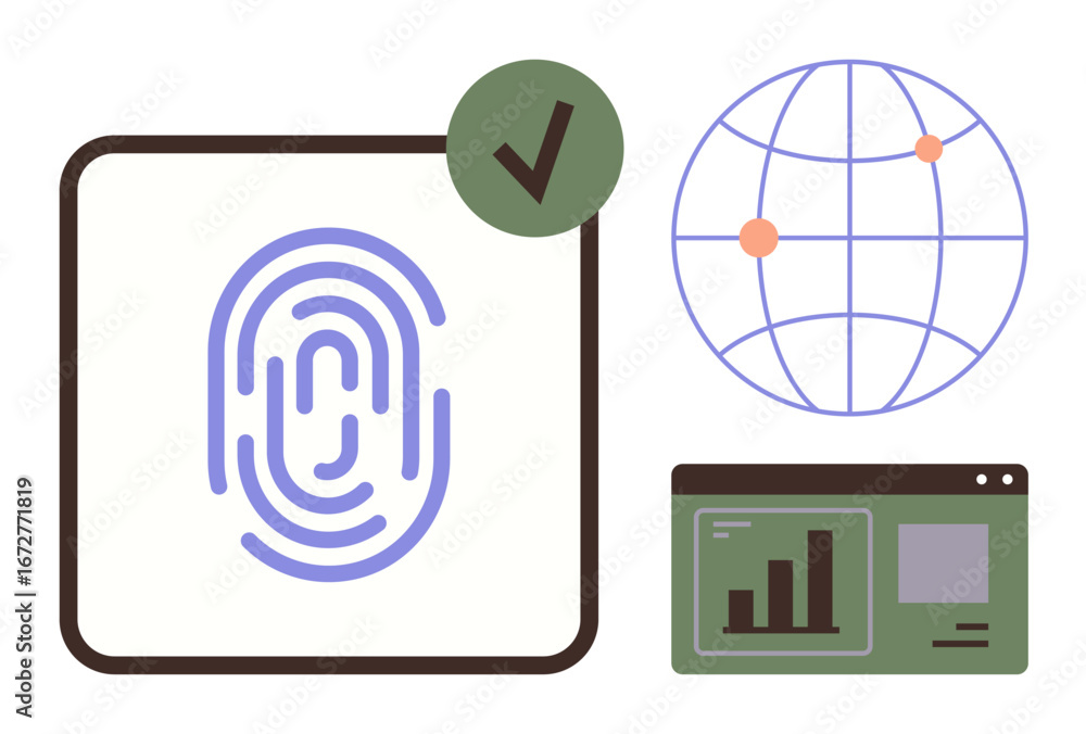 Poster fingerprint authentication with a green checkmark, global network with connected points, and data da