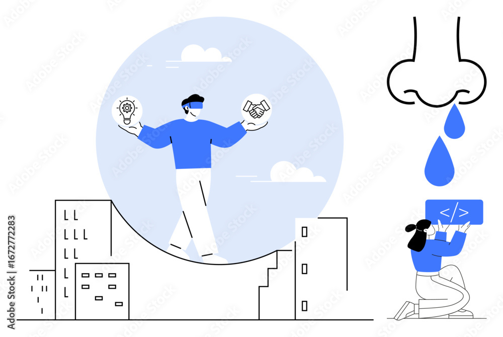 Poster man balancing lightbulb and handshake icons over buildings, large nose dripping liquid, woman coding