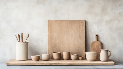 Wooden shelf displays pottery, utensils, and cutting boards.  Neutral tones and minimalist aesthetic