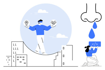 Man balancing lightbulb and handshake icons over buildings, large nose dripping liquid, woman coding on laptop. Ideal for innovation, balance, cooperation, creativity, technology, coding simple