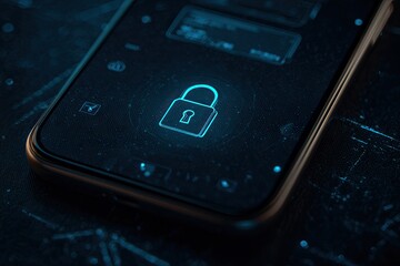 Smartphone screen displaying a glowing lock icon, suggesting security.  Dark background with digital patterns