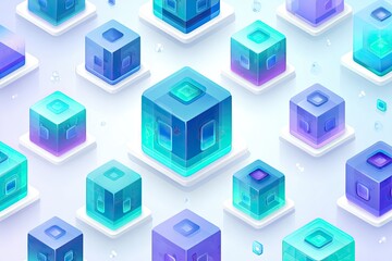 Abstract background of many translucent cubes in pastel shades of blue, purple, and teal, arranged in an isometric grid pattern on a light-grey backdrop