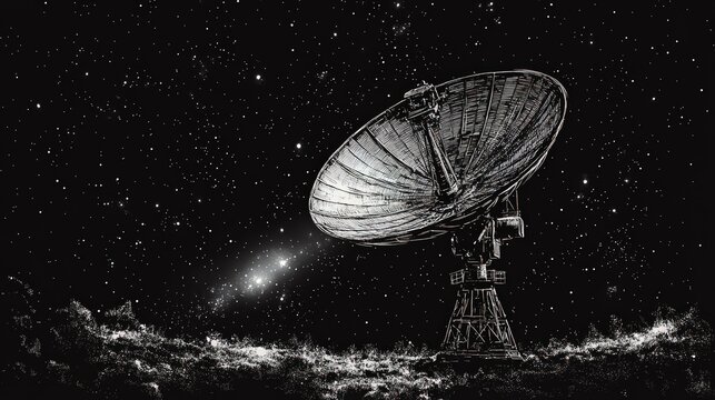 A vintage radio telescope, silhouetted against a star-strewn night sky, stands on a textured planetary surface