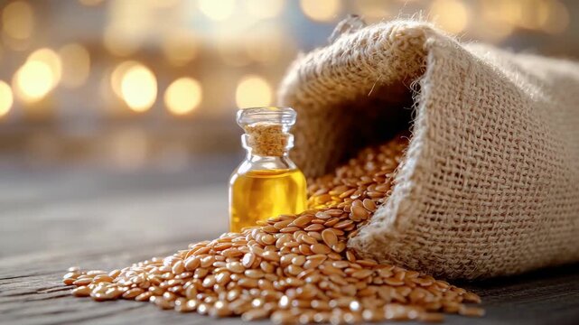 Bottle of oil next to spilled flaxseeds on table