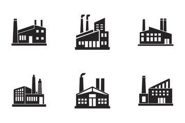 Obraz premium Collection of Factory Icon Illustrations in Black Industrial Buildings and Production Facilities Vector Set