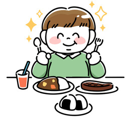 ごちそうに喜ぶ肥満体型の男の子