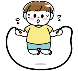 頑張って縄跳びをする肥満体型の男の子