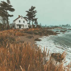 Coastal white house on a cloudy day