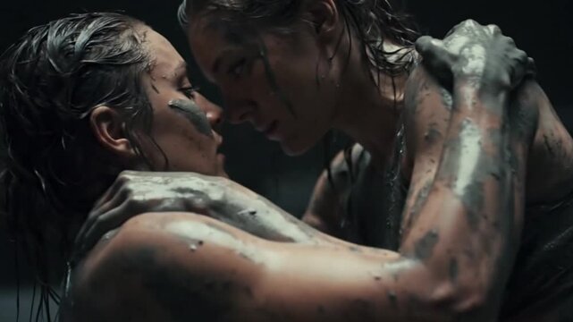 Muscular woman couple fighting muddy wrestling showing their bodies with love and sensuality in a muddy arena setting