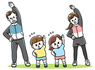 楽しく体操をする四人家族