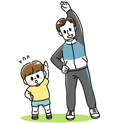 体操する父親と子供