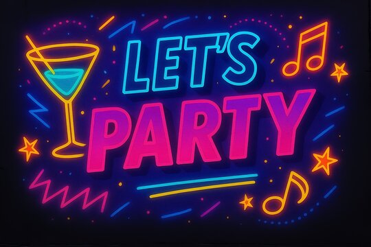 Funky vector style illustration, Sign saying 'Lets Party! with streamers and poppers,cocktail,  Graphic illustration