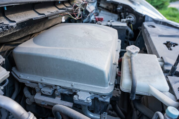 Electric motor under the hood of a car. 
