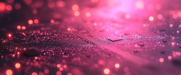 Close-up of a circuit board with bokeh lights.  Pink and purple hues