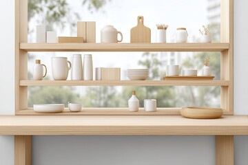 Wooden shelving unit with white and natural decor