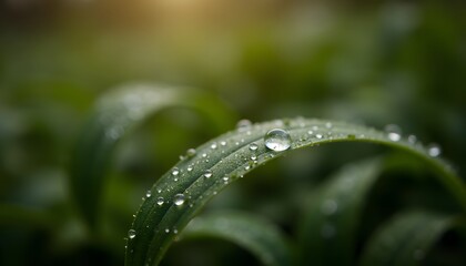 Close-Up of Dew Drops on Green Leaf with Soft Focus Background in Natural Light