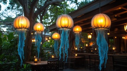 Illuminated jellyfish lanterns hang above outdoor dining tables at dusk