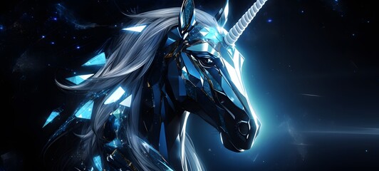 The black background contrasts sharply with the bright blue diamonds light emitted by unicorn,generative AI