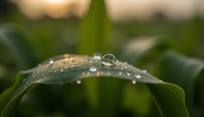 Close-up of Fresh Green Leaf with Water Droplets in Sunrise Light for Nature Lovers
