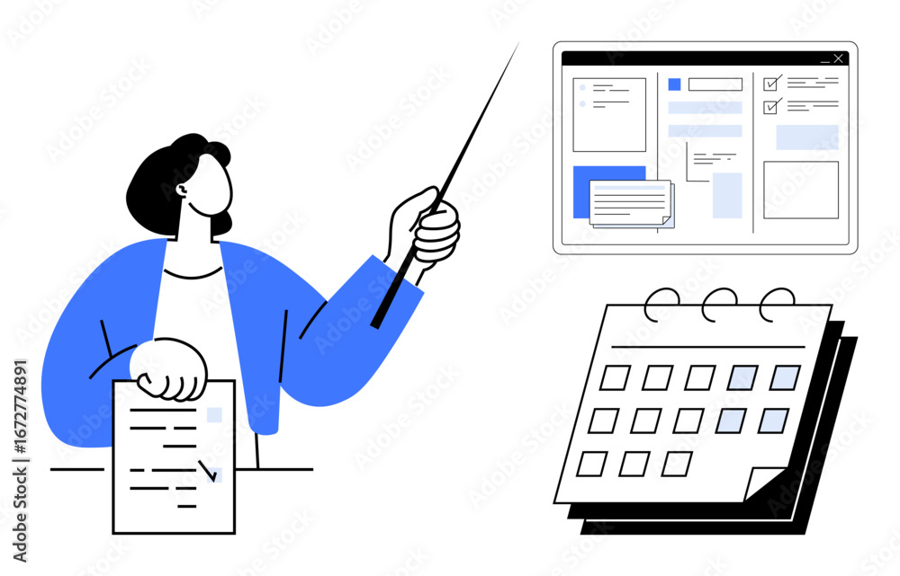 Poster person presenting report using a pointer alongside a digital interface and calendar. ideal for busin