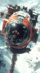 Fototapeta premium Futuristic red aircraft over snowy mountains