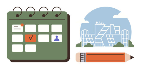 Spiral-bound calendar with marked dates, shopping mall building, and pencil. Ideal for planning, organization, retail events, productivity, schedules appointments and strategy. Simple flat metaphor