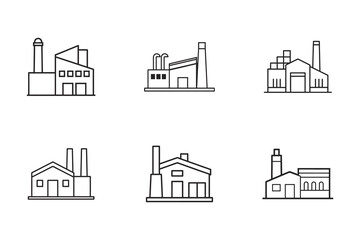 Collection of Simple Factory Outline Icons Representing Industrial Production and Manufacturing Processes for Digital Design Projects