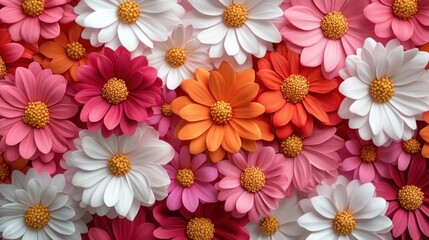 Fototapeta premium Colorful paper daisies in various shades of pink, orange, and white create a vibrant floral arrangement