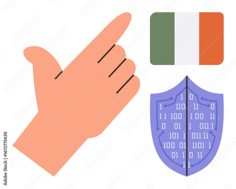 Poster hand gesture, irish flag, and binary-coded shield combine to symbolize cybersecurity, data protectio