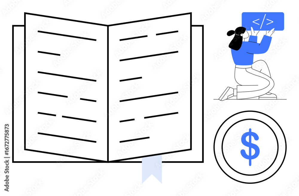 Poster open book symbolizes knowledge, a person coding highlights programming and technology, while a dolla