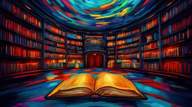A vibrant, circular library filled with books, illuminated with a magical glow, and featuring an open book at its center
