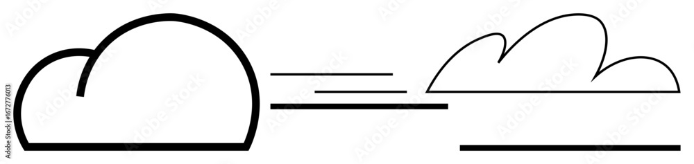 Poster two clouds in bold and outlined styles linked with horizontal lines suggesting motion, transformatio