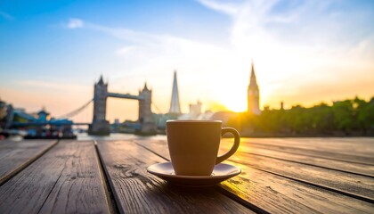 Hot Coffee Cup on Wooden Table with London Skyline at Sunrise.
