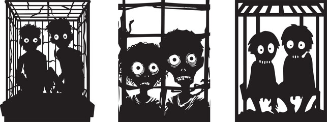 Silhouette illustration of zombies children in cages vector silhouette collection set