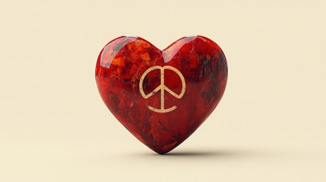 A glossy, red heart-shaped object, textured like a stone, with a golden peace symbol