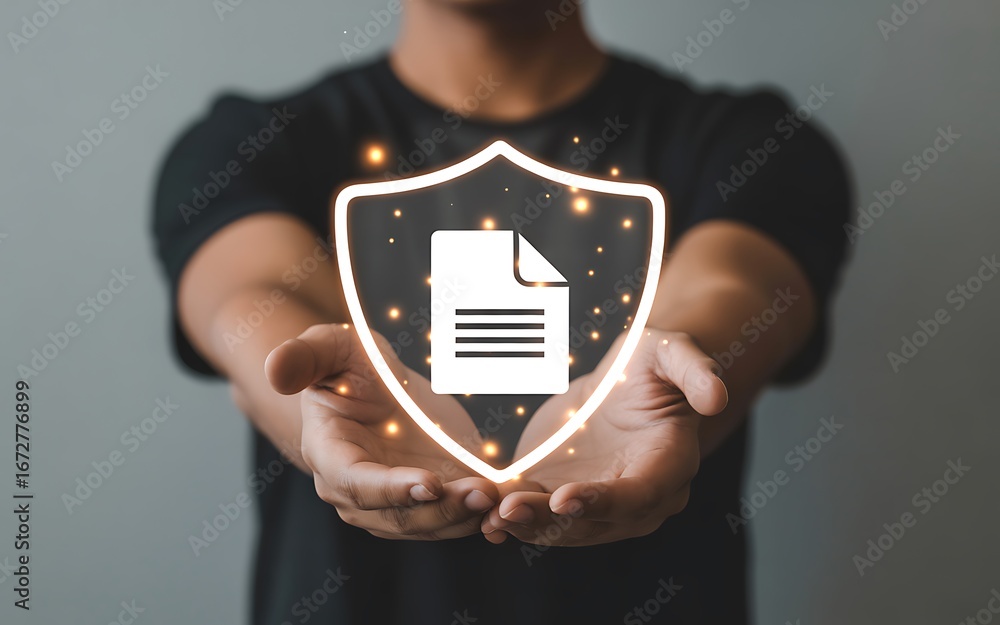 Aufkleber data protection and security a person's open hands cradle a glowing shield with a document icon, sym