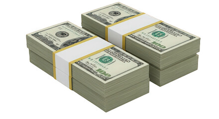 Two stacks of united states currency hundred dollar bills bundled with white paper on a black surface