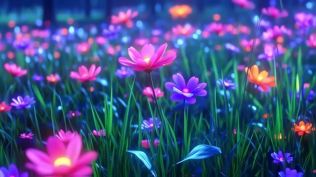 A field of vibrant flowers in a magical, dreamlike setting, creating a mesmerizing display of color