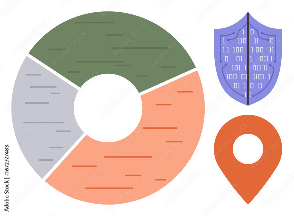 Poster pie chart divided into three segments, binary-patterned shield, and location marker. ideal for data 