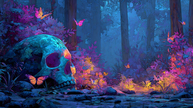 Fluorescent sugar skull with glowing bioluminescent utterfly wings, set in a nonlit forest, sugar skull,fantasy neon landscape. Mytical Neon Landscapes. Illstration