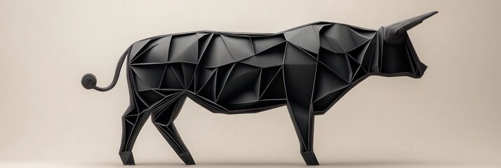 Low-poly black bull, side profile. Geometric art