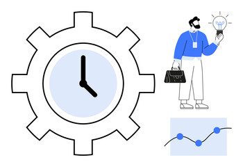 Business professional with innovative idea next to clock gear and growth graph. Ideal for productivity, innovation, time management, business strategy, teamwork, efficiency, analytics. Simple flat