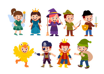 Set of cute little kids costume cartoon characters, children using dress archer robin hood, king prince, knight, peter pan, pirate, yellow bird, fairy, queen, witch or wizard costume.