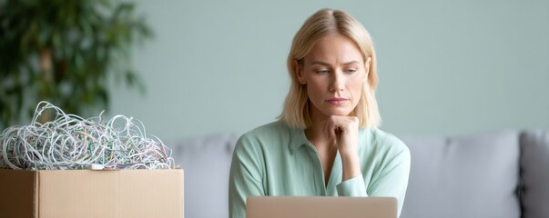 Woman looking at laptop with tangled cables in box. Frustrated person attempting internet setup with modem wires.