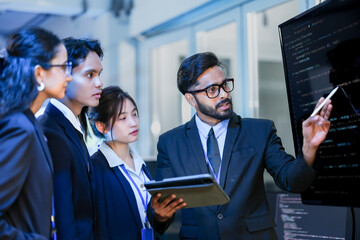 A senior AI architect leads a training session for a diverse team of developers. He explains a complex machine learning algorithm, pointing to code on a large vertical monitor. © ultramansk