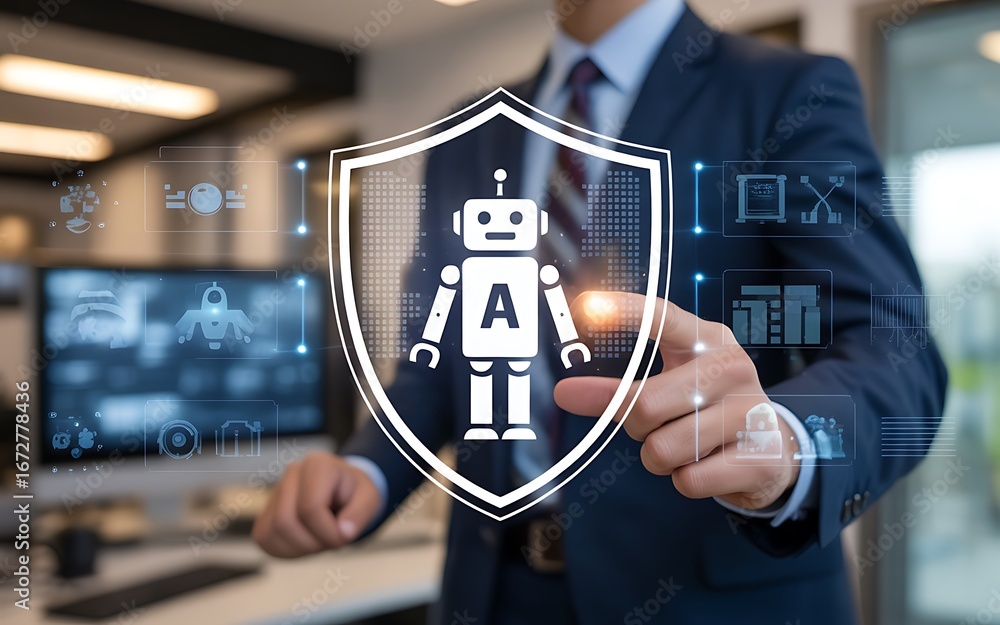Poster securing the future a conceptual visualization of cybersecurity and ai protection in business, showc